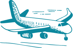 Illustration of a commercial airplane landing with its wheels down and motion lines behind the wings. | Cubaecology