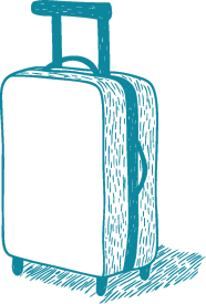 Illustration of a wheeled suitcase with an extended handle, depicted in teal lines on a light background. | Cubaecology